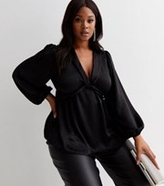 New Look Curves Black Satin Twist Front Long Puff Sleeve Blouse